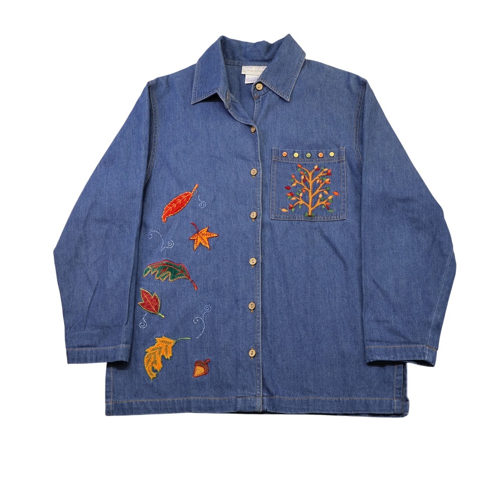 Casey Coleman Womens S Denim Shirt Blue Fall Leaves Tree Embroidered Button Down